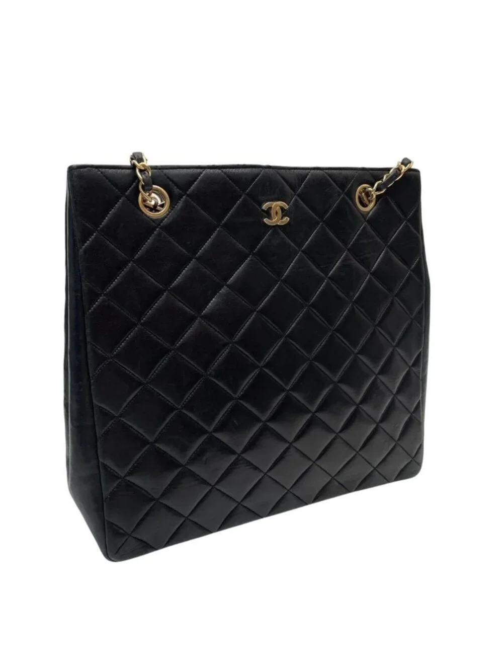 Chanel Quilted Lambskin Chain Shoulder Tote Bag Black